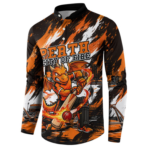 Personalised Perth Scorchers Cricket Fan Pride Button Sweatshirt Dynamic Flaming Dragon Art With Perth City Skyline