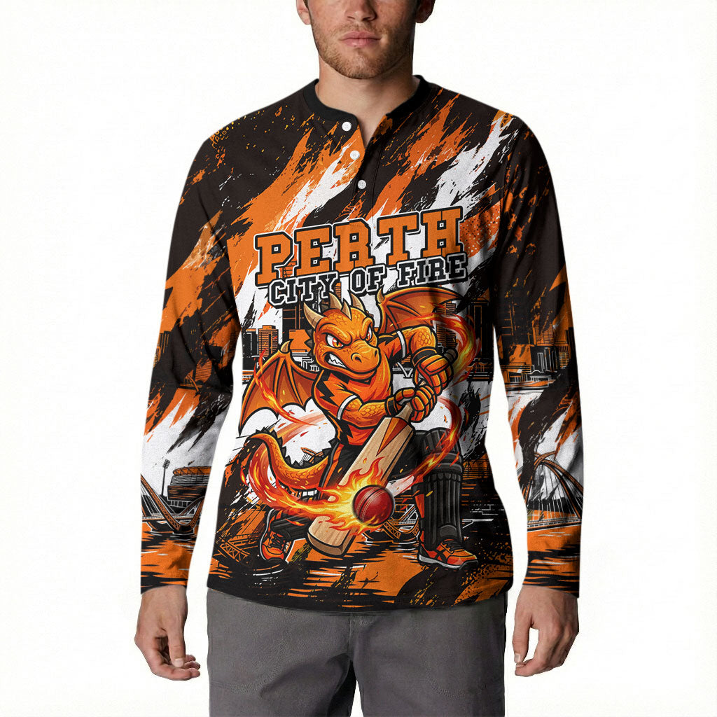 Personalised Perth Scorchers Cricket Fan Pride Button Sweatshirt Dynamic Flaming Dragon Art With Perth City Skyline