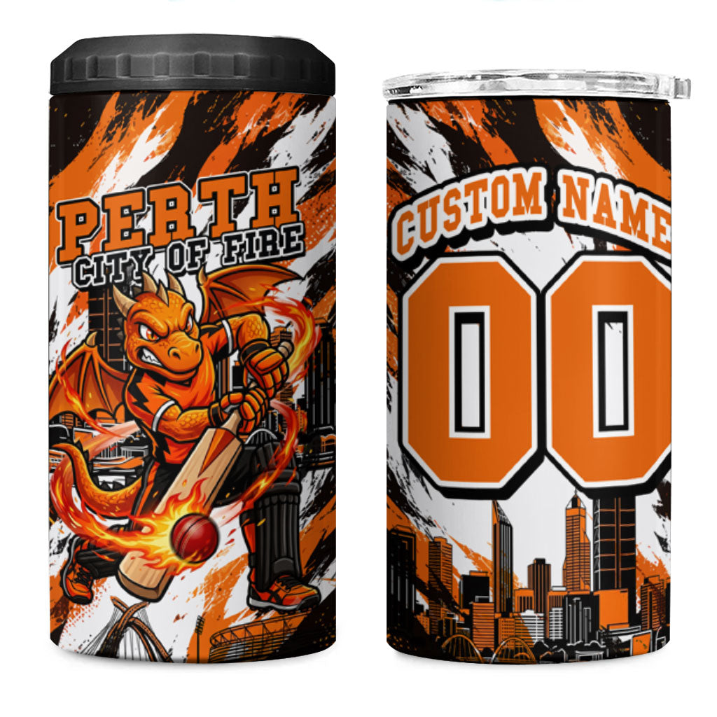 Personalised Perth Scorchers Cricket Fan Pride 4 in 1 Can Cooler Tumbler Dynamic Flaming Dragon Art With Perth City Skyline