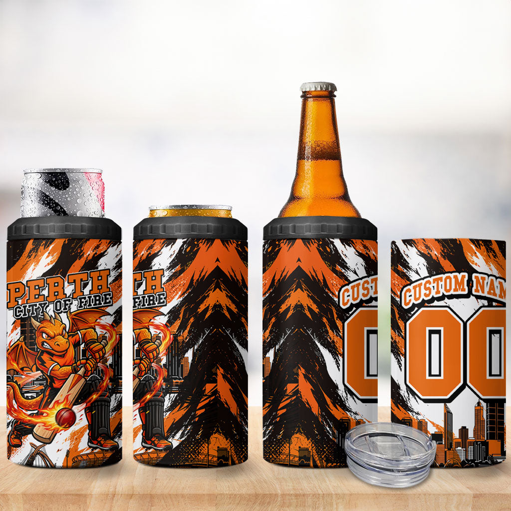 Personalised Perth Scorchers Cricket Fan Pride 4 in 1 Can Cooler Tumbler Dynamic Flaming Dragon Art With Perth City Skyline