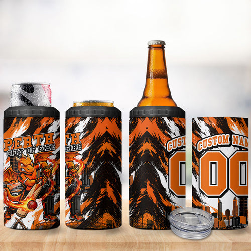Personalised Perth Scorchers Cricket Fan Pride 4 in 1 Can Cooler Tumbler Dynamic Flaming Dragon Art With Perth City Skyline