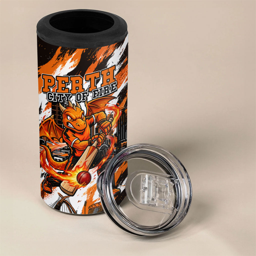 Personalised Perth Scorchers Cricket Fan Pride 4 in 1 Can Cooler Tumbler Dynamic Flaming Dragon Art With Perth City Skyline