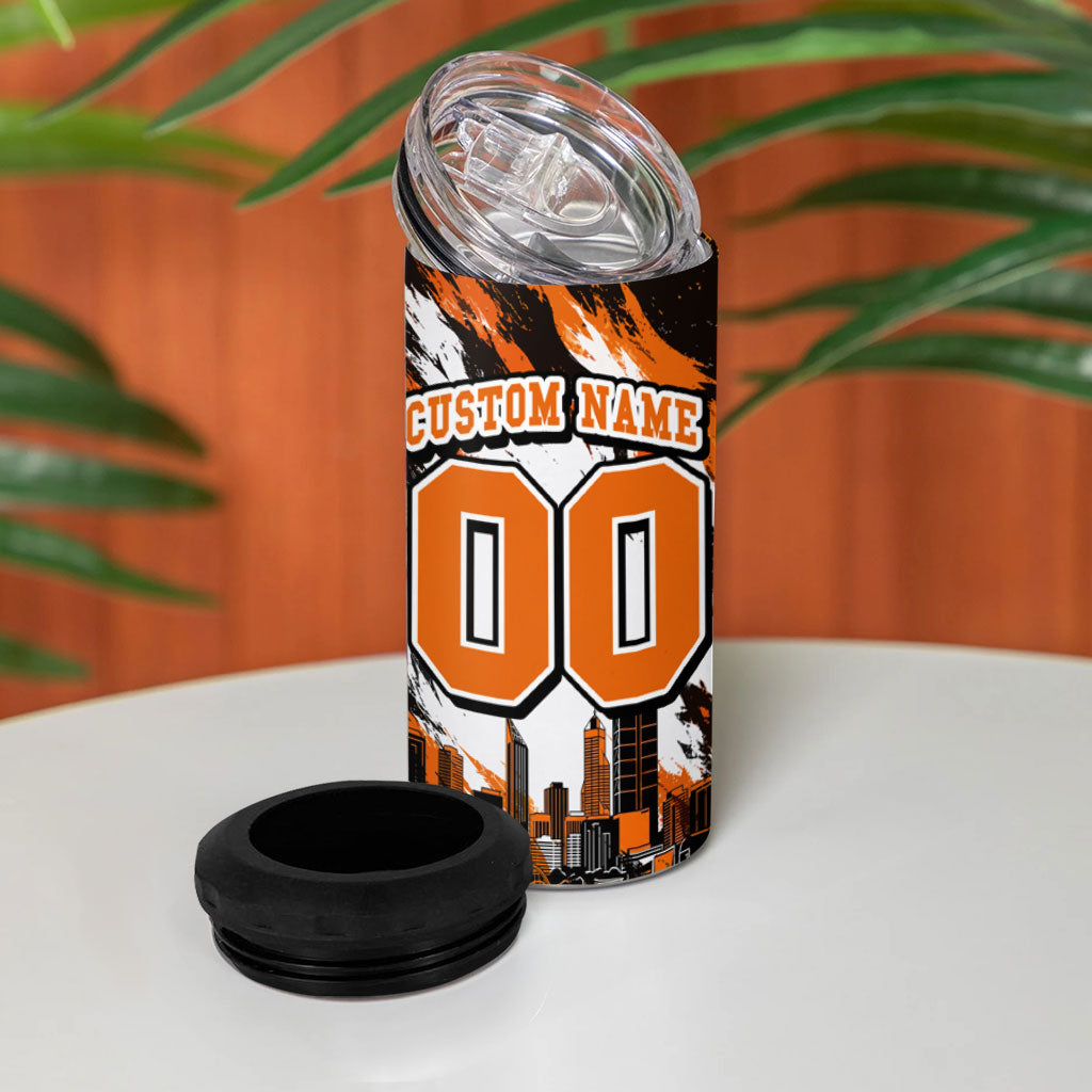 Personalised Perth Scorchers Cricket Fan Pride 4 in 1 Can Cooler Tumbler Dynamic Flaming Dragon Art With Perth City Skyline