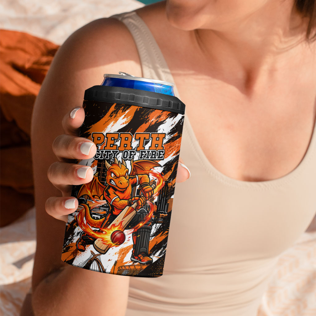Personalised Perth Scorchers Cricket Fan Pride 4 in 1 Can Cooler Tumbler Dynamic Flaming Dragon Art With Perth City Skyline