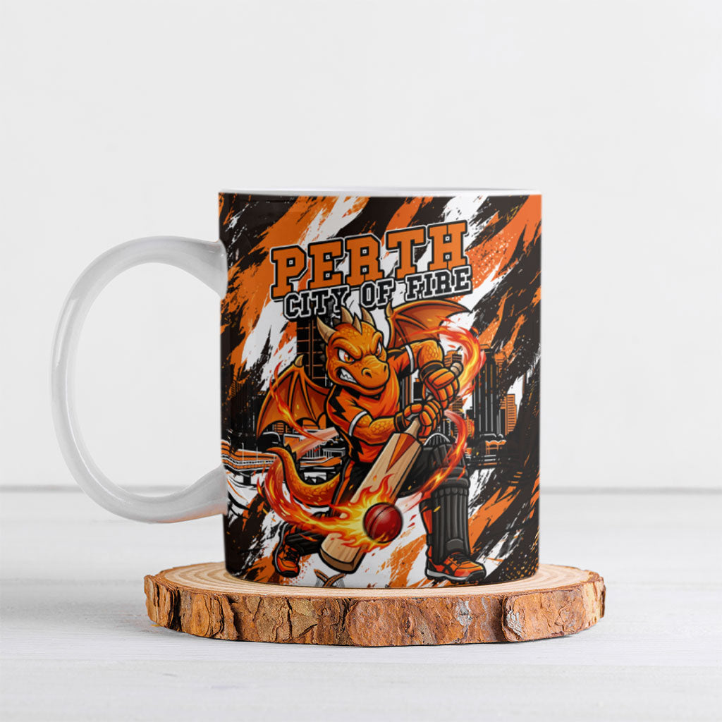 Personalised Perth Scorchers Cricket Fan Pride Ceramic Mug Dynamic Flaming Dragon Art With Perth City Skyline