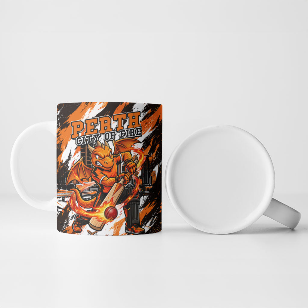 Personalised Perth Scorchers Cricket Fan Pride Ceramic Mug Dynamic Flaming Dragon Art With Perth City Skyline