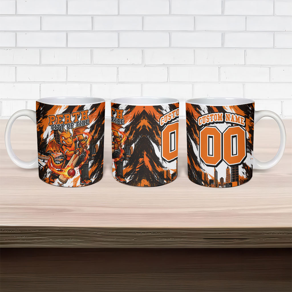 Personalised Perth Scorchers Cricket Fan Pride Ceramic Mug Dynamic Flaming Dragon Art With Perth City Skyline