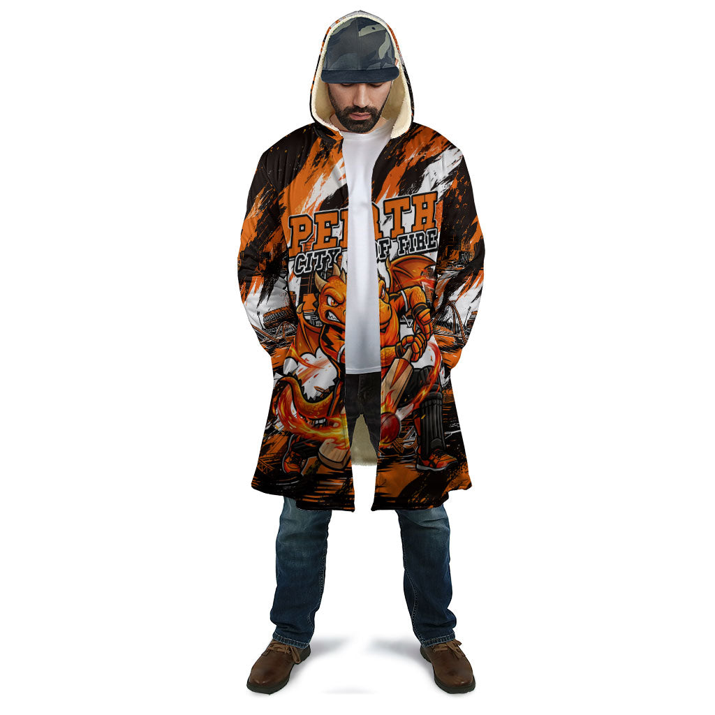 Personalised Perth Scorchers Cricket Fan Pride Cloak Dynamic Flaming Dragon Art With Perth City Skyline
