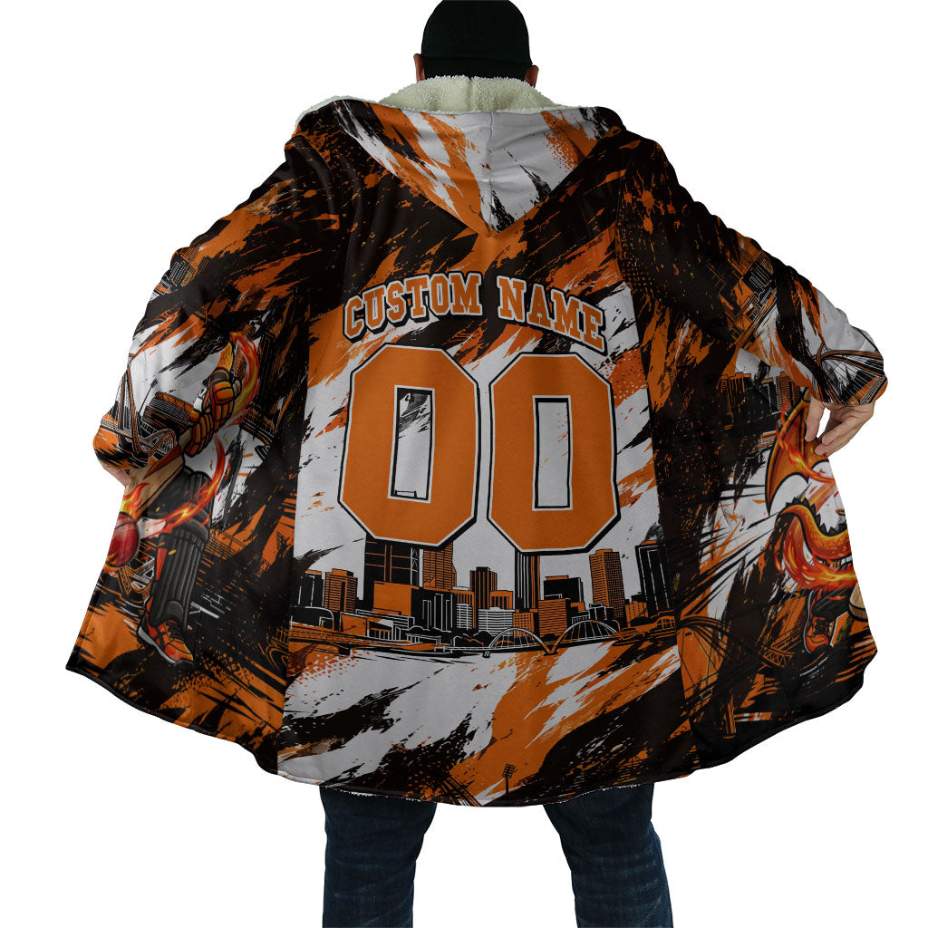 Personalised Perth Scorchers Cricket Fan Pride Cloak Dynamic Flaming Dragon Art With Perth City Skyline