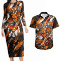 Personalised Perth Scorchers Cricket Fan Pride Couples Matching Long Sleeve Bodycon Dress and Hawaiian Shirt Dynamic Flaming Dragon Art With Perth City Skyline