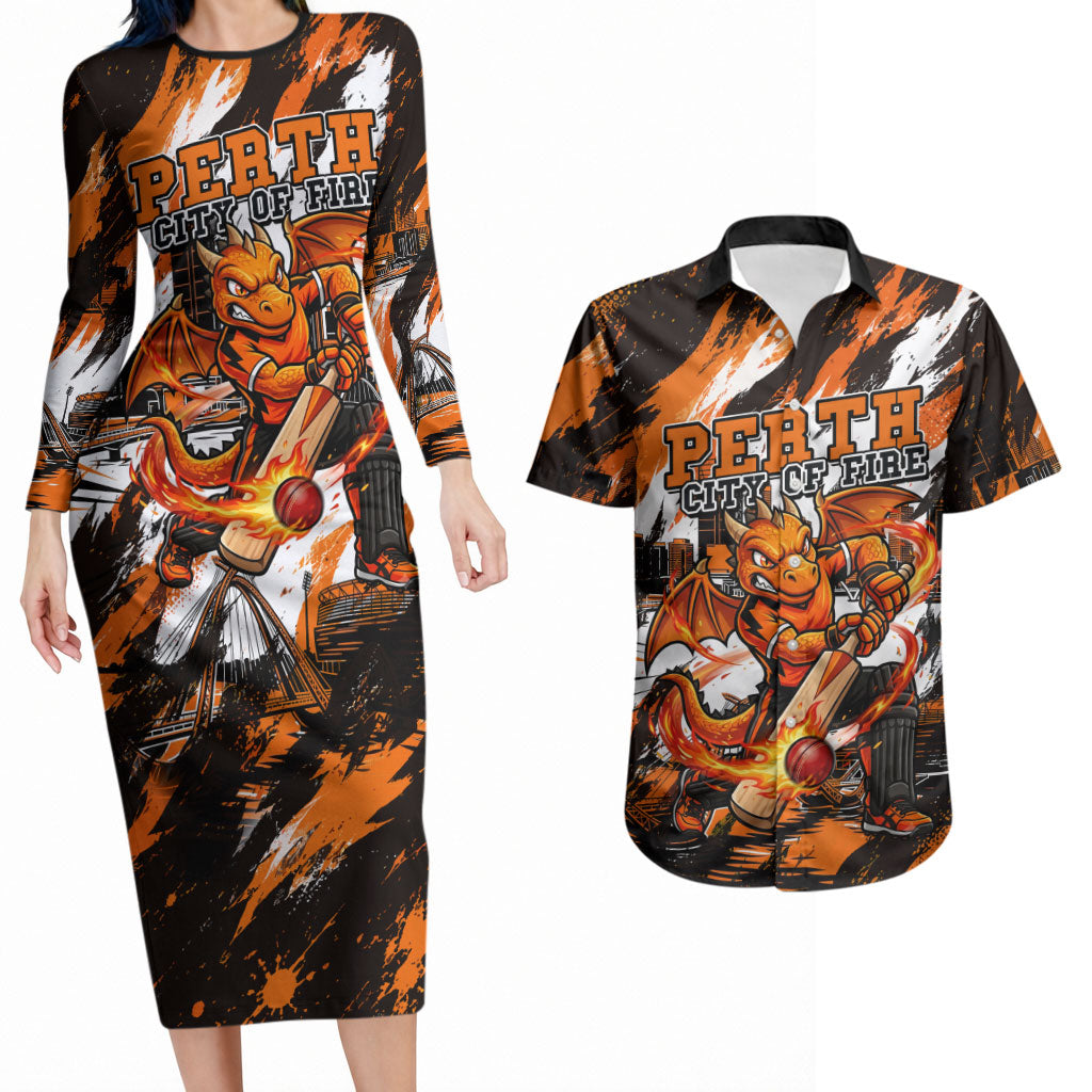 Personalised Perth Scorchers Cricket Fan Pride Couples Matching Long Sleeve Bodycon Dress and Hawaiian Shirt Dynamic Flaming Dragon Art With Perth City Skyline