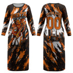 Personalised Perth Scorchers Cricket Fan Pride Couples Matching Long Sleeve Bodycon Dress and Hawaiian Shirt Dynamic Flaming Dragon Art With Perth City Skyline