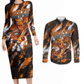 Personalised Perth Scorchers Cricket Fan Pride Couples Matching Long Sleeve Bodycon Dress and Long Sleeve Button Shirt Dynamic Flaming Dragon Art With Perth City Skyline