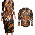 Personalised Perth Scorchers Cricket Fan Pride Couples Matching Long Sleeve Bodycon Dress and Long Sleeve Button Shirt Dynamic Flaming Dragon Art With Perth City Skyline