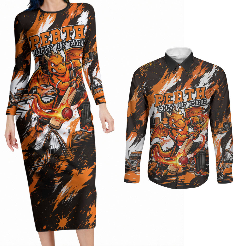 Personalised Perth Scorchers Cricket Fan Pride Couples Matching Long Sleeve Bodycon Dress and Long Sleeve Button Shirt Dynamic Flaming Dragon Art With Perth City Skyline