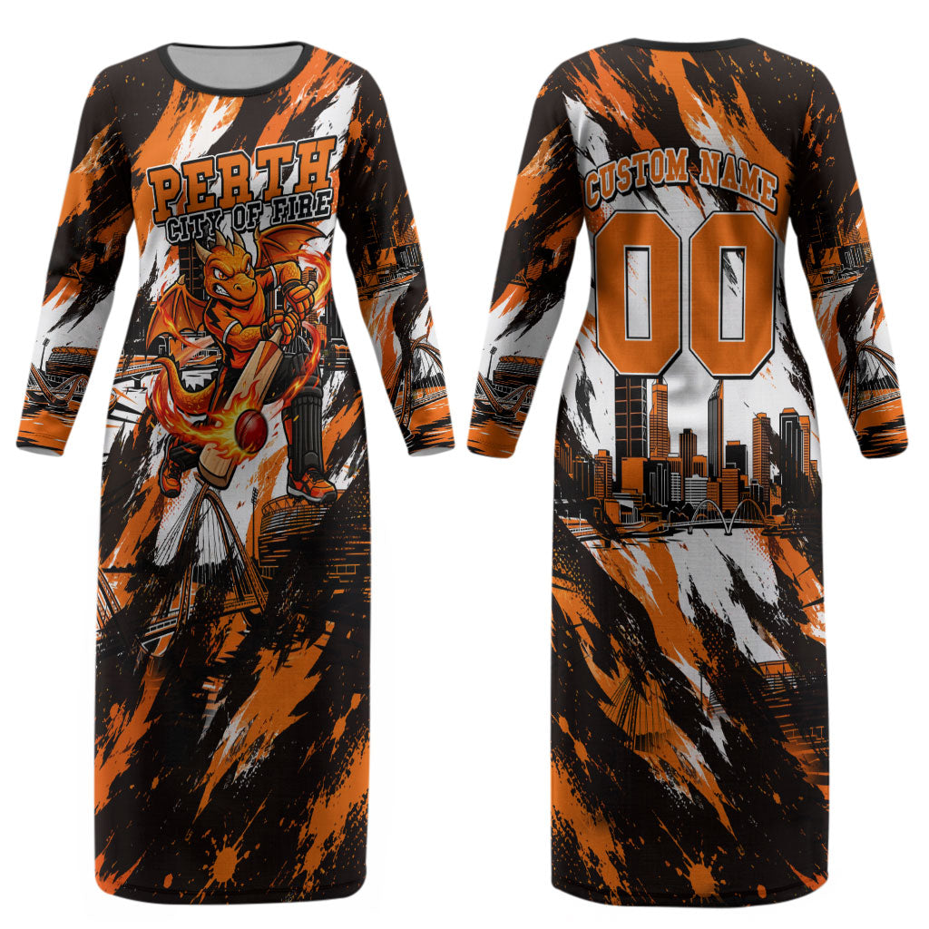 Personalised Perth Scorchers Cricket Fan Pride Couples Matching Long Sleeve Bodycon Dress and Long Sleeve Button Shirt Dynamic Flaming Dragon Art With Perth City Skyline