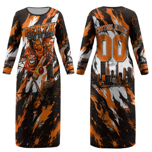 Personalised Perth Scorchers Cricket Fan Pride Couples Matching Long Sleeve Bodycon Dress and Long Sleeve Button Shirt Dynamic Flaming Dragon Art With Perth City Skyline