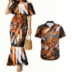 Personalised Perth Scorchers Cricket Fan Pride Couples Matching Mermaid Dress and Hawaiian Shirt Dynamic Flaming Dragon Art With Perth City Skyline