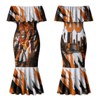 Personalised Perth Scorchers Cricket Fan Pride Couples Matching Mermaid Dress and Hawaiian Shirt Dynamic Flaming Dragon Art With Perth City Skyline