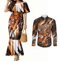Personalised Perth Scorchers Cricket Fan Pride Couples Matching Mermaid Dress and Long Sleeve Button Shirt Dynamic Flaming Dragon Art With Perth City Skyline