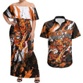 Personalised Perth Scorchers Cricket Fan Pride Couples Matching Off Shoulder Maxi Dress and Hawaiian Shirt Dynamic Flaming Dragon Art With Perth City Skyline