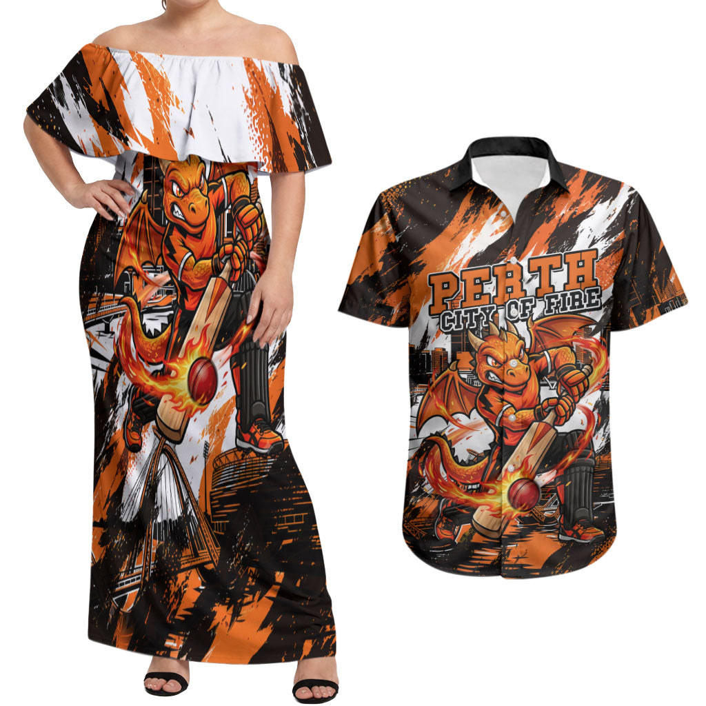 Personalised Perth Scorchers Cricket Fan Pride Couples Matching Off Shoulder Maxi Dress and Hawaiian Shirt Dynamic Flaming Dragon Art With Perth City Skyline