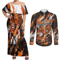 Personalised Perth Scorchers Cricket Fan Pride Couples Matching Off Shoulder Maxi Dress and Long Sleeve Button Shirt Dynamic Flaming Dragon Art With Perth City Skyline