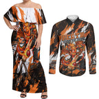 Personalised Perth Scorchers Cricket Fan Pride Couples Matching Off Shoulder Maxi Dress and Long Sleeve Button Shirt Dynamic Flaming Dragon Art With Perth City Skyline