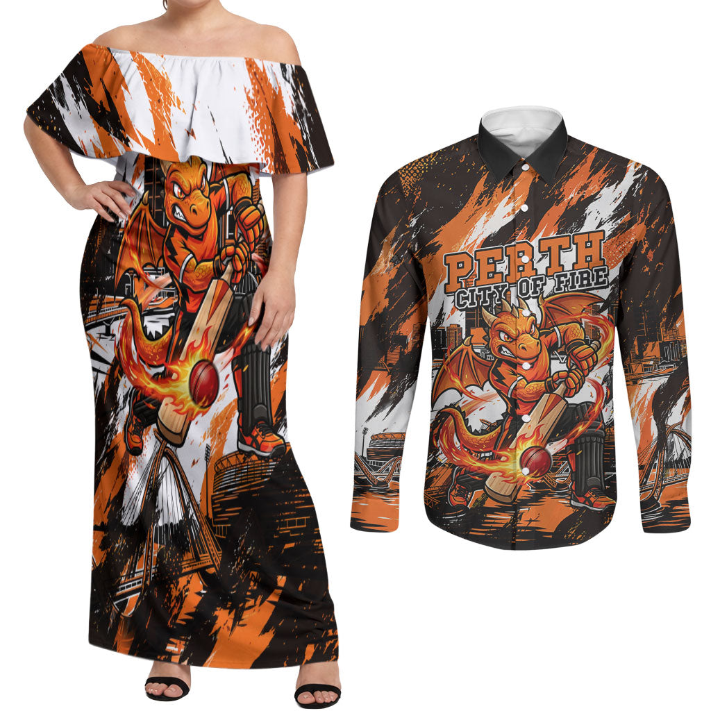 Personalised Perth Scorchers Cricket Fan Pride Couples Matching Off Shoulder Maxi Dress and Long Sleeve Button Shirt Dynamic Flaming Dragon Art With Perth City Skyline