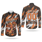 Personalised Perth Scorchers Cricket Fan Pride Couples Matching Off Shoulder Maxi Dress and Long Sleeve Button Shirt Dynamic Flaming Dragon Art With Perth City Skyline