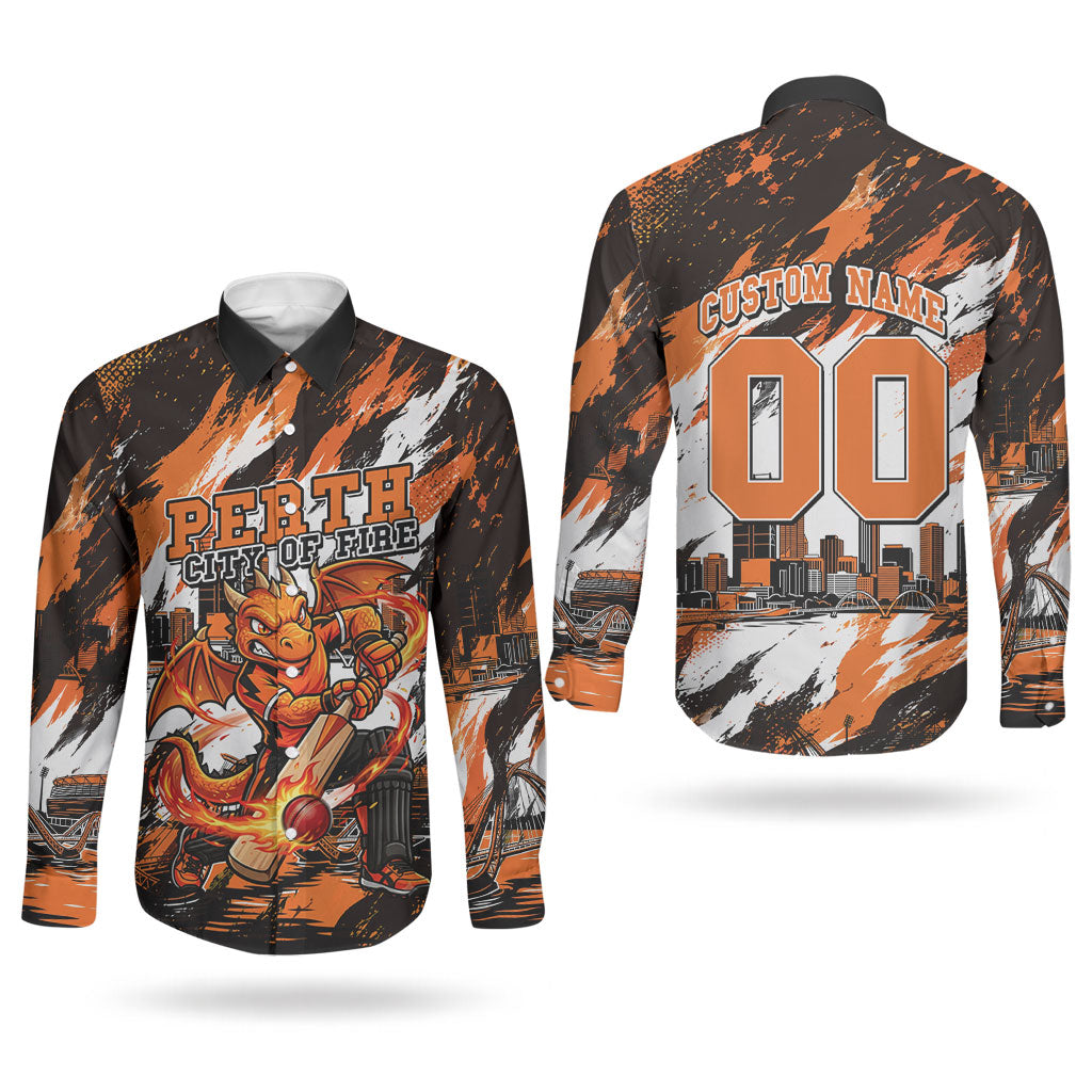 Personalised Perth Scorchers Cricket Fan Pride Couples Matching Off Shoulder Maxi Dress and Long Sleeve Button Shirt Dynamic Flaming Dragon Art With Perth City Skyline