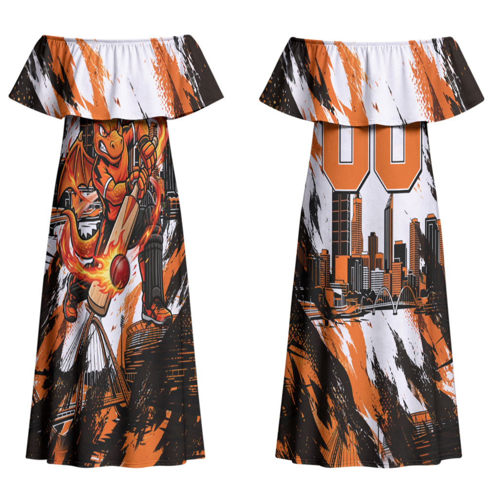 Personalised Perth Scorchers Cricket Fan Pride Couples Matching Off Shoulder Maxi Dress and Long Sleeve Button Shirt Dynamic Flaming Dragon Art With Perth City Skyline