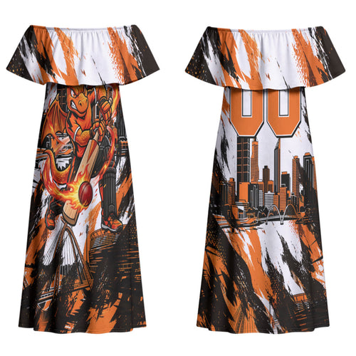 Personalised Perth Scorchers Cricket Fan Pride Couples Matching Off Shoulder Maxi Dress and Long Sleeve Button Shirt Dynamic Flaming Dragon Art With Perth City Skyline