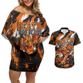 Personalised Perth Scorchers Cricket Fan Pride Couples Matching Off Shoulder Short Dress and Hawaiian Shirt Dynamic Flaming Dragon Art With Perth City Skyline