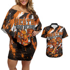 Personalised Perth Scorchers Cricket Fan Pride Couples Matching Off Shoulder Short Dress and Hawaiian Shirt Dynamic Flaming Dragon Art With Perth City Skyline