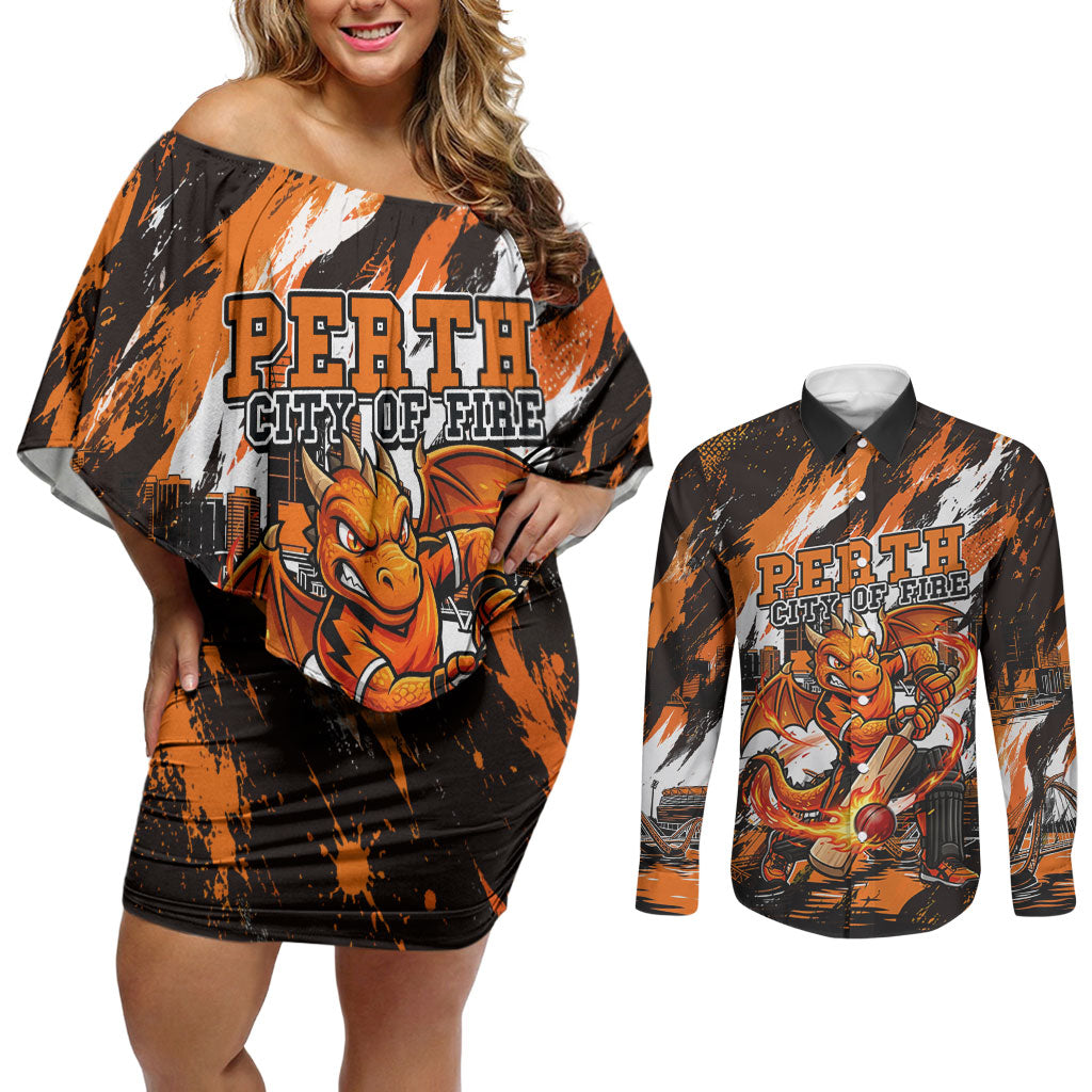 Personalised Perth Scorchers Cricket Fan Pride Couples Matching Off Shoulder Short Dress and Long Sleeve Button Shirt Dynamic Flaming Dragon Art With Perth City Skyline