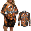 Personalised Perth Scorchers Cricket Fan Pride Couples Matching Off Shoulder Short Dress and Long Sleeve Button Shirt Dynamic Flaming Dragon Art With Perth City Skyline