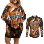 Personalised Perth Scorchers Cricket Fan Pride Couples Matching Off Shoulder Short Dress and Long Sleeve Button Shirt Dynamic Flaming Dragon Art With Perth City Skyline