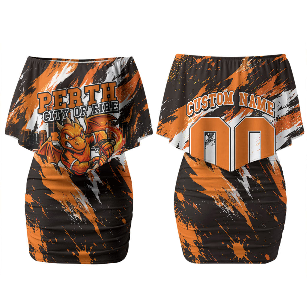 Personalised Perth Scorchers Cricket Fan Pride Couples Matching Off Shoulder Short Dress and Long Sleeve Button Shirt Dynamic Flaming Dragon Art With Perth City Skyline