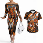 Personalised Perth Scorchers Cricket Fan Pride Couples Matching Off The Shoulder Long Sleeve Dress and Hawaiian Shirt Dynamic Flaming Dragon Art With Perth City Skyline