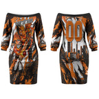 Personalised Perth Scorchers Cricket Fan Pride Couples Matching Off The Shoulder Long Sleeve Dress and Hawaiian Shirt Dynamic Flaming Dragon Art With Perth City Skyline