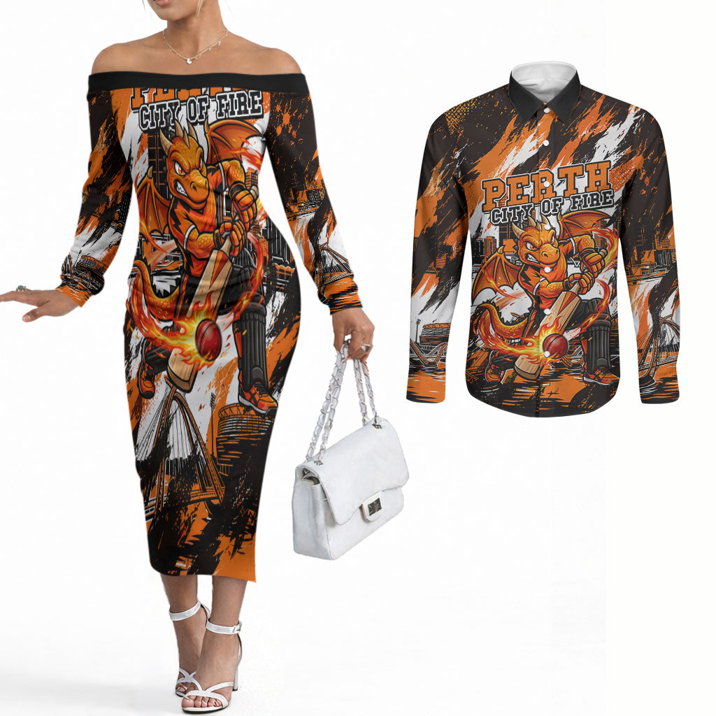Personalised Perth Scorchers Cricket Fan Pride Couples Matching Off The Shoulder Long Sleeve Dress and Long Sleeve Button Shirt Dynamic Flaming Dragon Art With Perth City Skyline