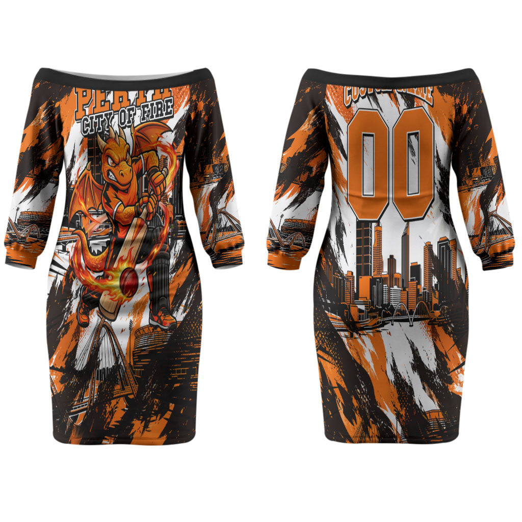Personalised Perth Scorchers Cricket Fan Pride Couples Matching Off The Shoulder Long Sleeve Dress and Long Sleeve Button Shirt Dynamic Flaming Dragon Art With Perth City Skyline