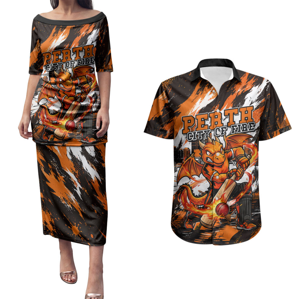 Personalised Perth Scorchers Cricket Fan Pride Couples Matching Puletasi and Hawaiian Shirt Dynamic Flaming Dragon Art With Perth City Skyline