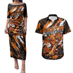 Personalised Perth Scorchers Cricket Fan Pride Couples Matching Puletasi and Hawaiian Shirt Dynamic Flaming Dragon Art With Perth City Skyline