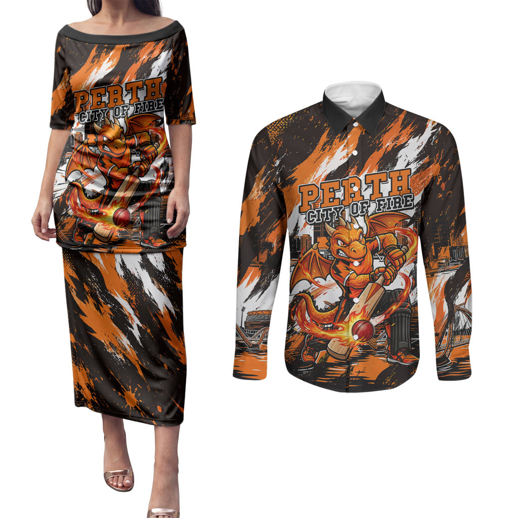 Personalised Perth Scorchers Cricket Fan Pride Couples Matching Puletasi and Long Sleeve Button Shirt Dynamic Flaming Dragon Art With Perth City Skyline