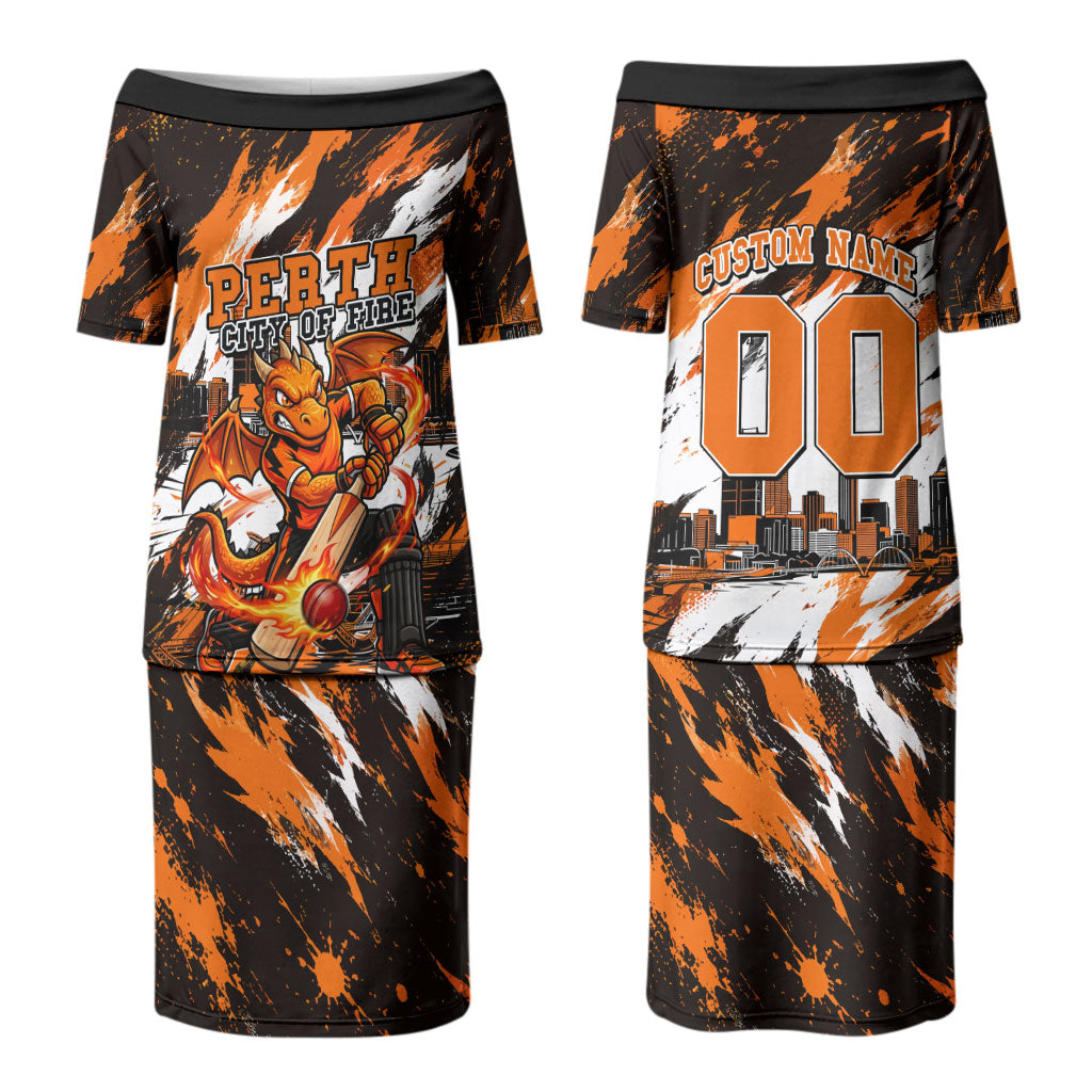 Personalised Perth Scorchers Cricket Fan Pride Couples Matching Puletasi and Long Sleeve Button Shirt Dynamic Flaming Dragon Art With Perth City Skyline