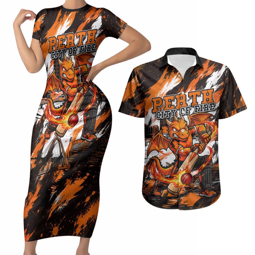Personalised Perth Scorchers Cricket Fan Pride Couples Matching Short Sleeve Bodycon Dress and Hawaiian Shirt Dynamic Flaming Dragon Art With Perth City Skyline