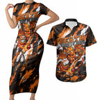 Personalised Perth Scorchers Cricket Fan Pride Couples Matching Short Sleeve Bodycon Dress and Hawaiian Shirt Dynamic Flaming Dragon Art With Perth City Skyline