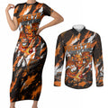Personalised Perth Scorchers Cricket Fan Pride Couples Matching Short Sleeve Bodycon Dress and Long Sleeve Button Shirt Dynamic Flaming Dragon Art With Perth City Skyline